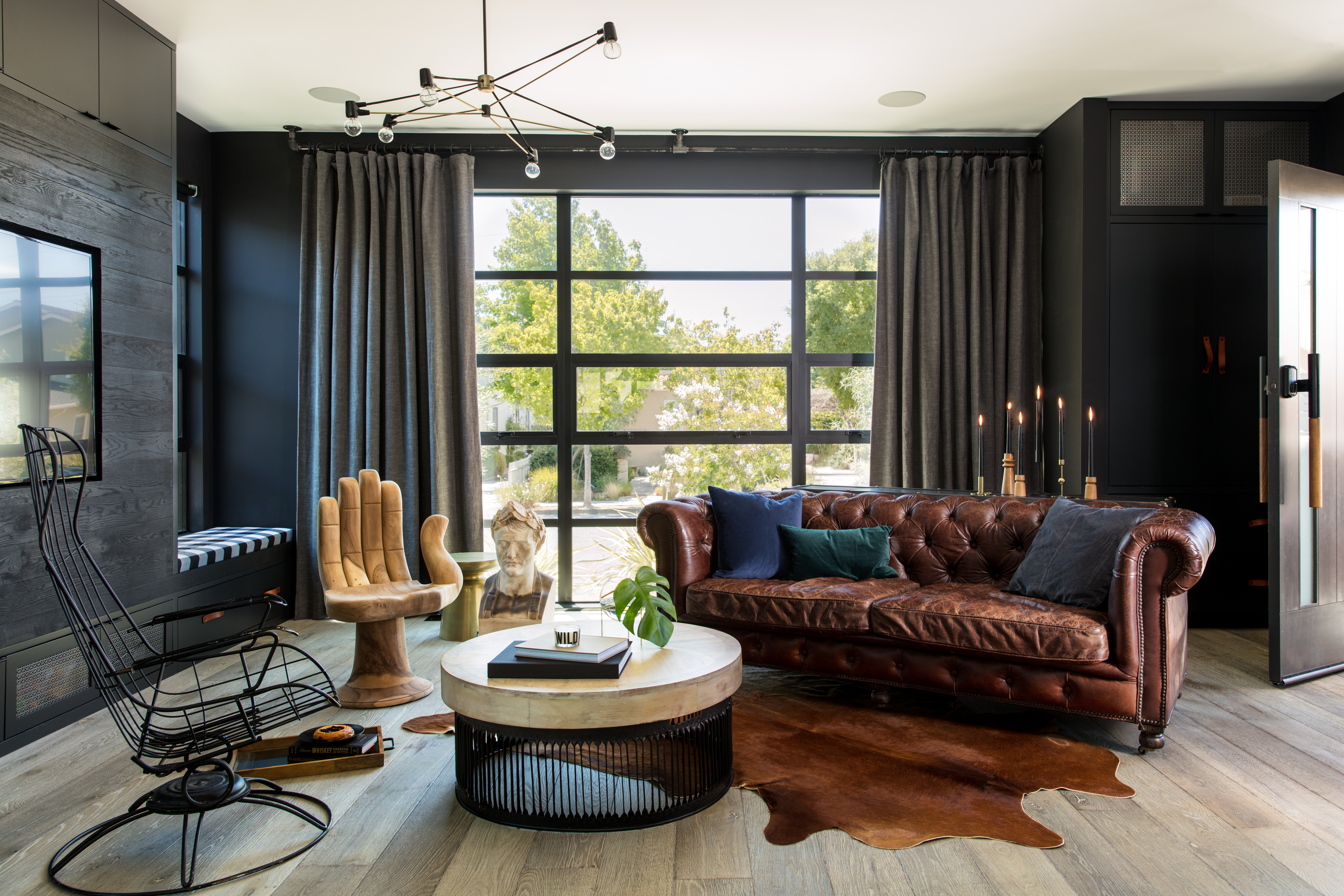 interior designed living room, dark walls, 