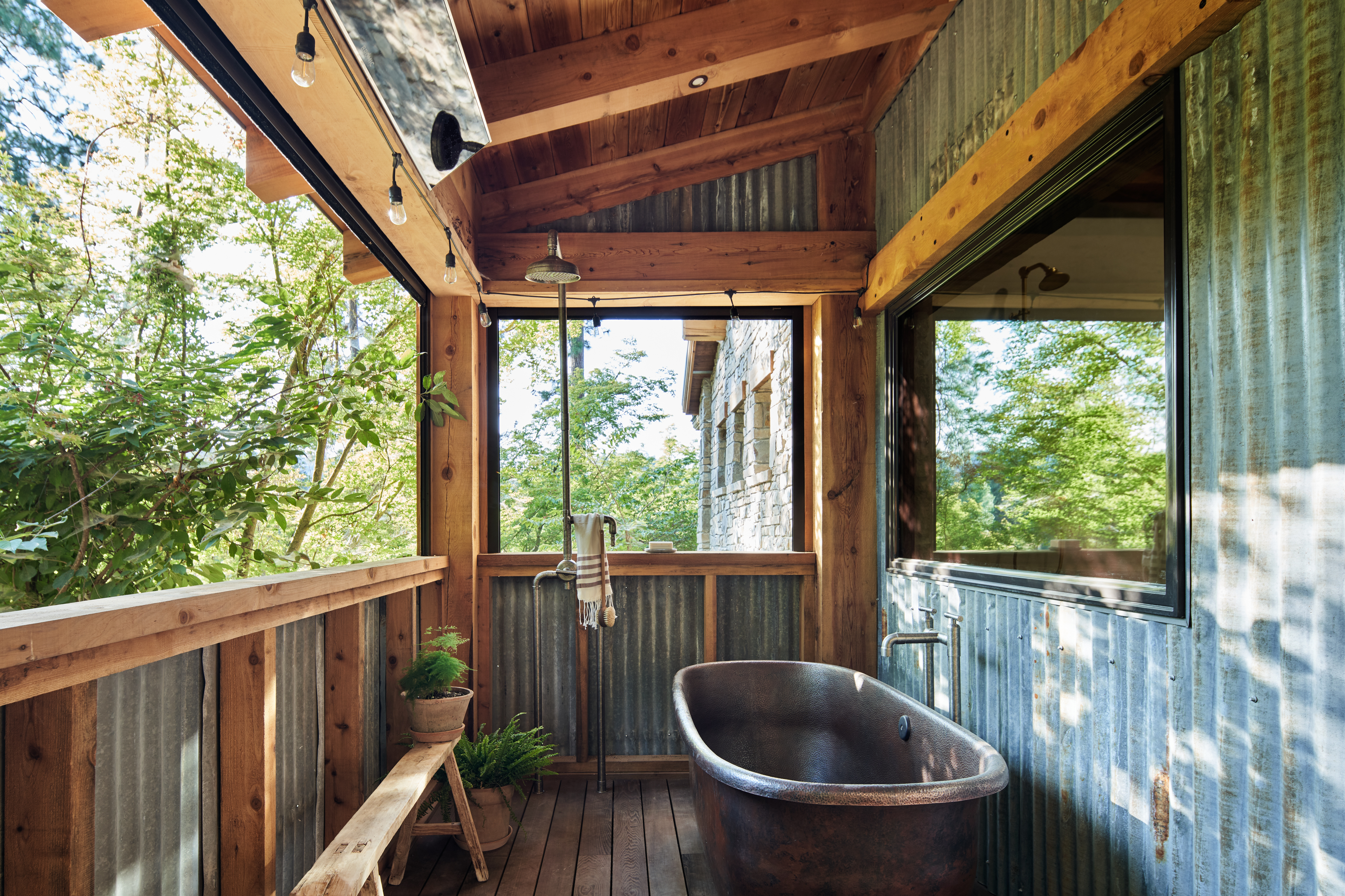 outdoor bathroom inspiration, outdoor shower, outdoor bathub, copper tub