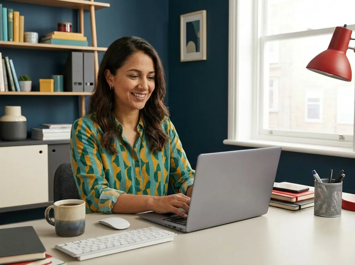 Happy business woman learning with Navitential