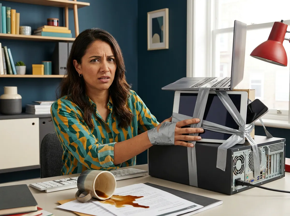 Stressed business woman trapped juggling multiple business systems