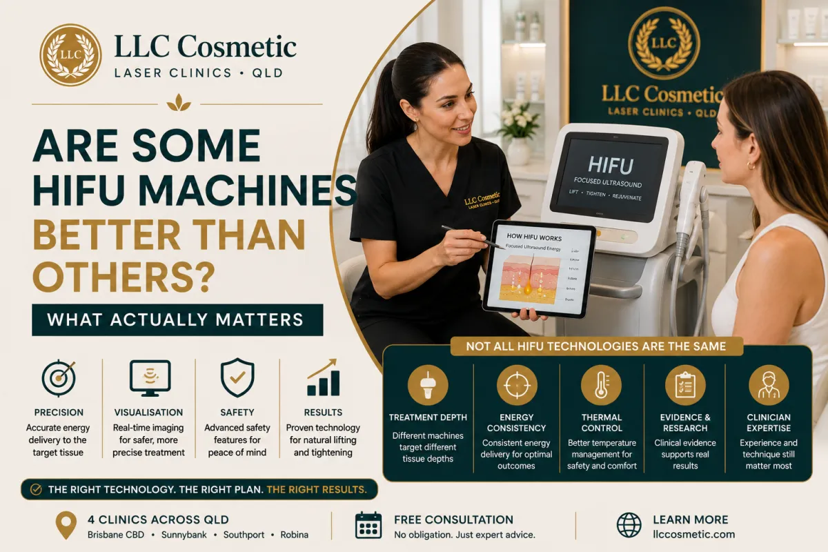 HIFU machine and clinician consultation explaining focused ultrasound technology at LLC Cosmetic 