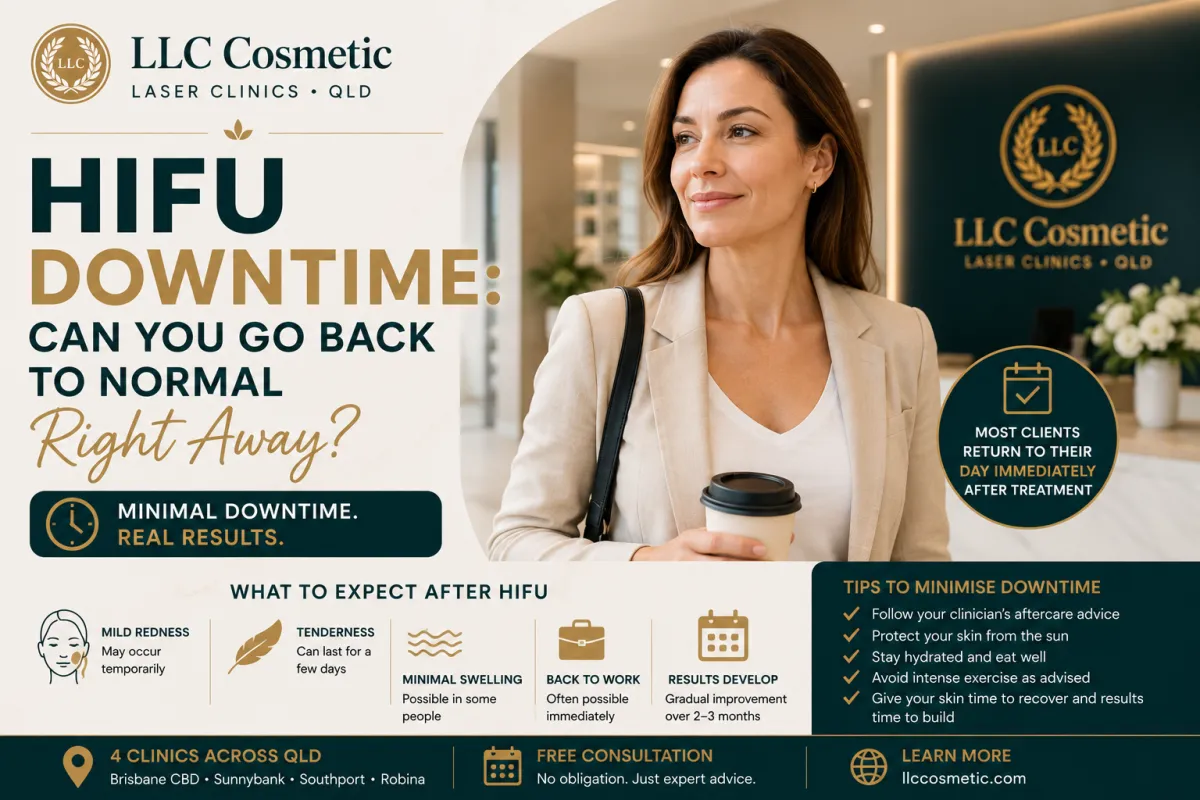 Woman returning to normal daily activities after HIFU skin tightening treatment at LLC Cosmetic