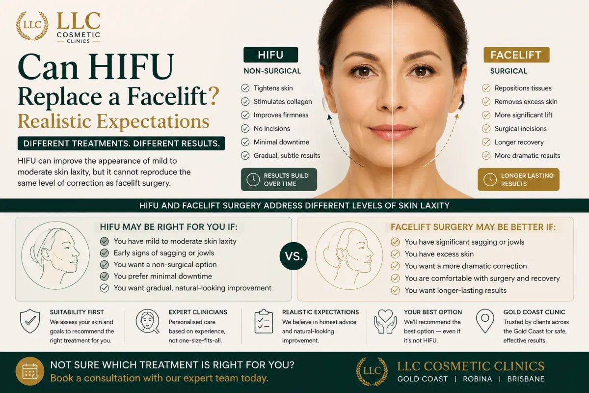 HIFU skin tightening treatment compared with facelift surgery