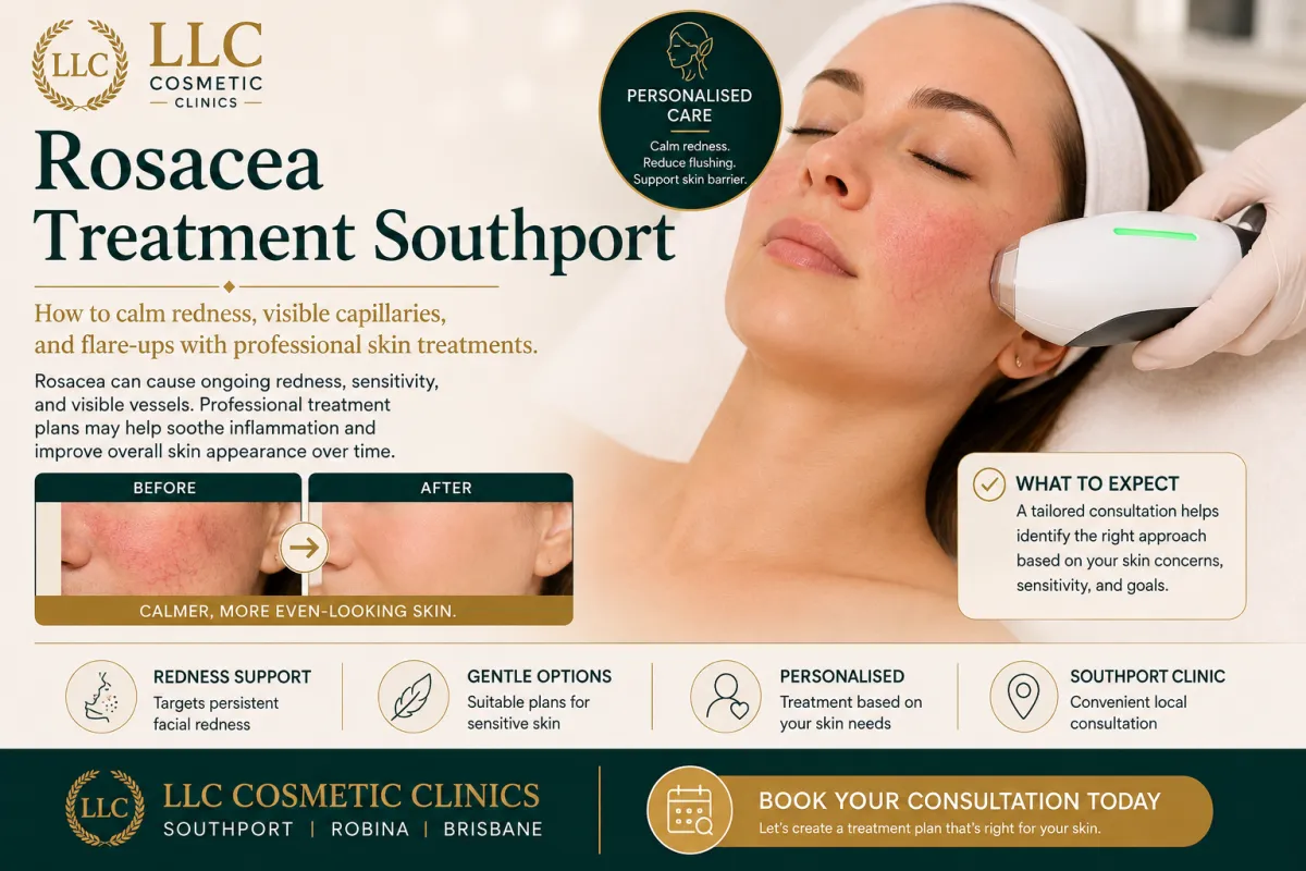 Rosacea Treatment Southport at LLC Cosmetic Clinics, featuring professional facial treatment for redness, visible capillaries and sensitive skin.