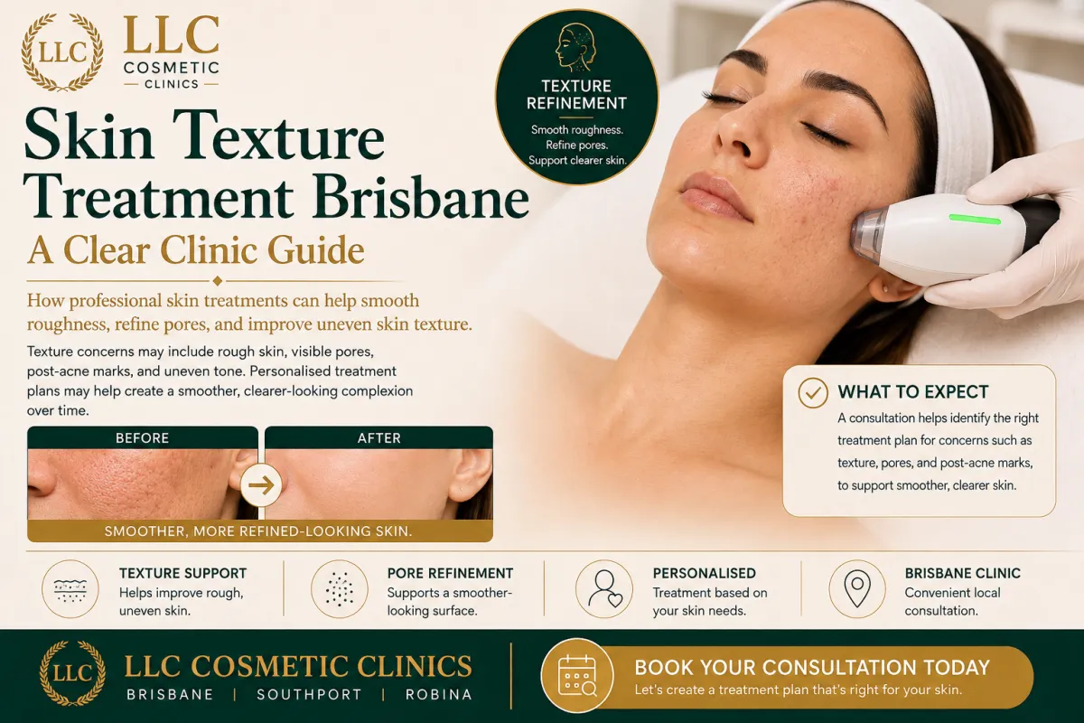 Skin Texture Treatment Brisbane guide by LLC Cosmetic Clinics, featuring a professional facial skin treatment to improve rough texture, visible pores, post-acne marks and uneven skin.