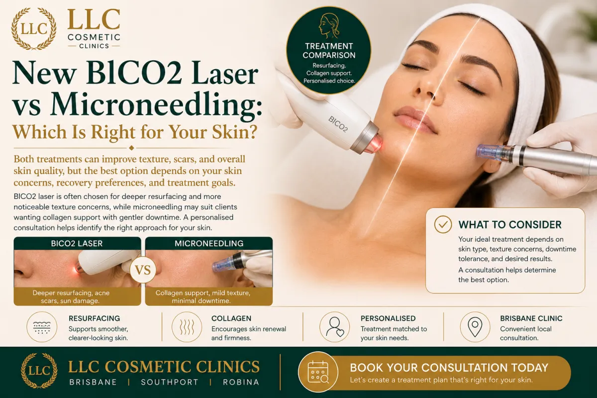 BICO2 Laser vs Microneedling comparison at LLC Cosmetic Clinics, showing professional skin treatments for acne scars, uneven texture, collagen stimulation and skin resurfacing.