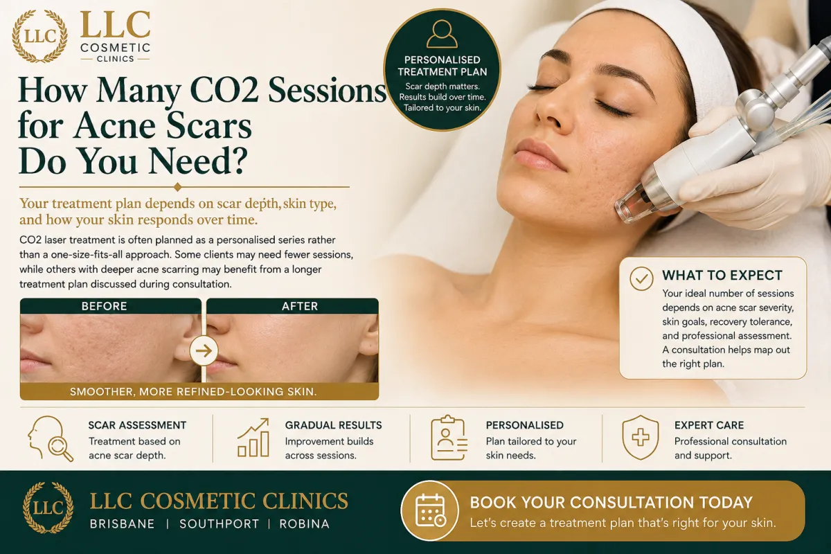 CO2 sessions for acne scars at LLC Cosmetic Clinics, featuring professional laser treatment, before-and-after skin improvement, and guidance on personalised treatment plans for acne scar reduction.
