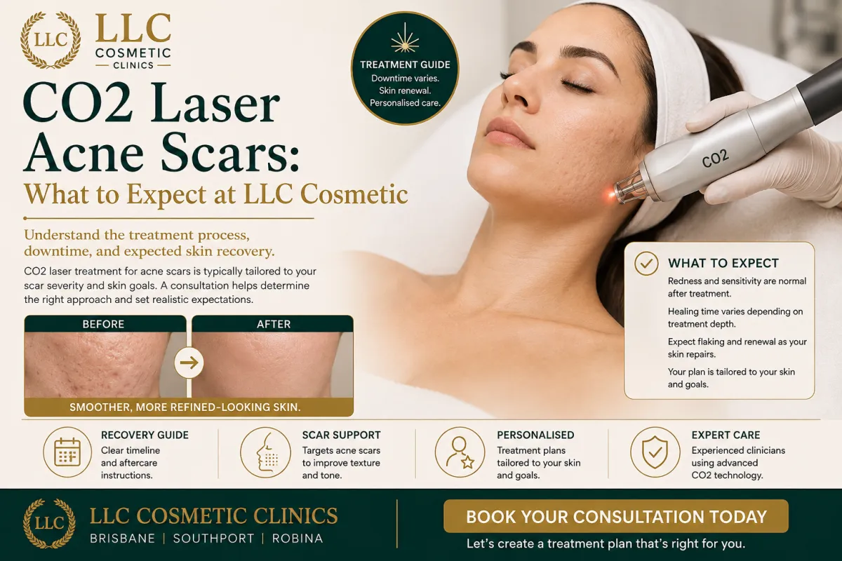 CO2 laser acne scar treatment at LLC Cosmetic Clinics, showing a professional facial laser procedure, before-and-after skin improvement, and what to expect for downtime, recovery and results.