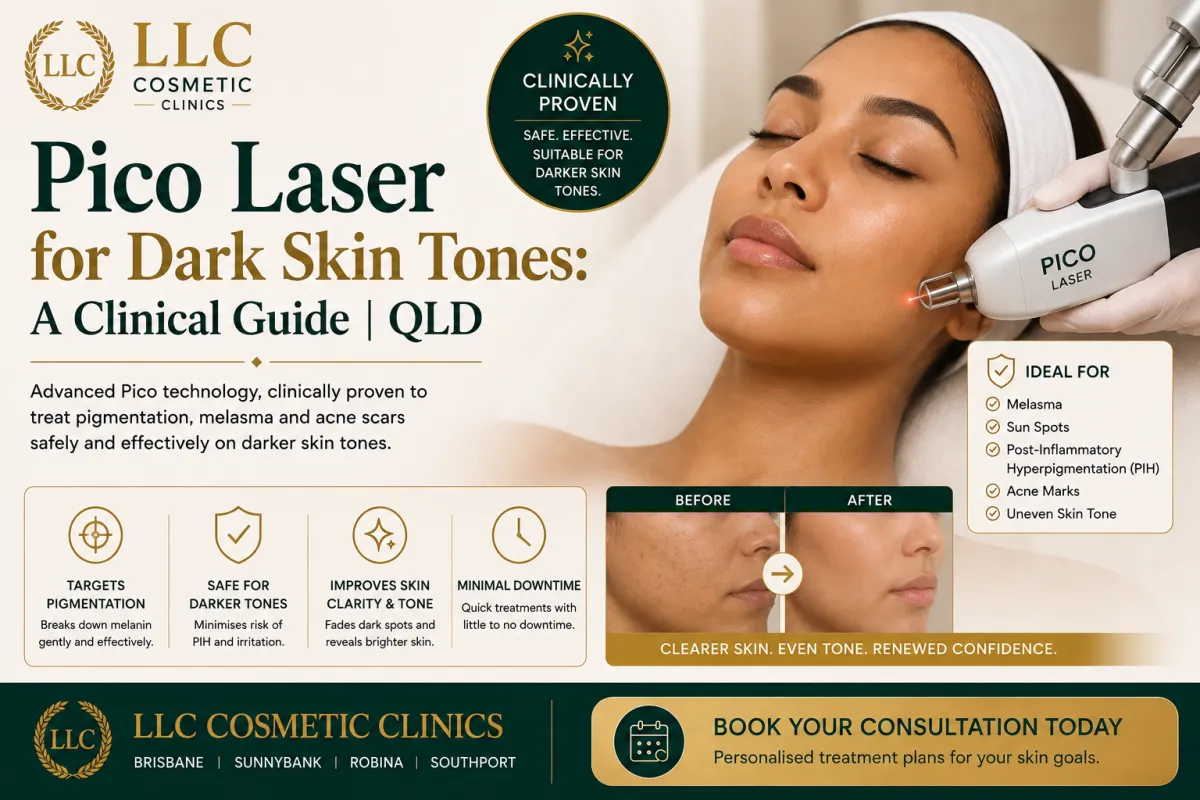Pico Laser for dark skin tones at LLC Cosmetic Clinics QLD, showing professional laser treatment for pigmentation, melasma, acne marks and uneven skin tone.