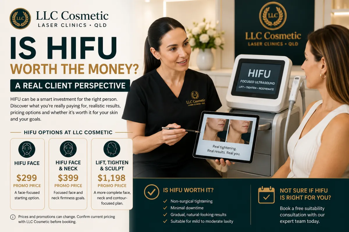 Woman discussing the cost, value and realistic results of HIFU skin tightening with an LLC Cosmetic clinician