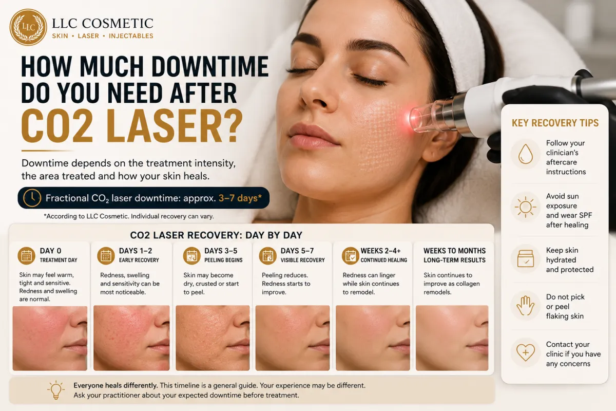 CO2 laser recovery and downtime timeline showing skin healing after fractional CO2 resurfacing