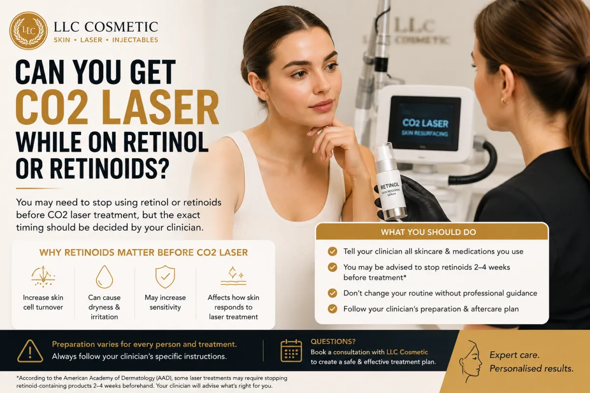 Woman discussing retinol and CO2 laser treatment preparation with a cosmetic clinician