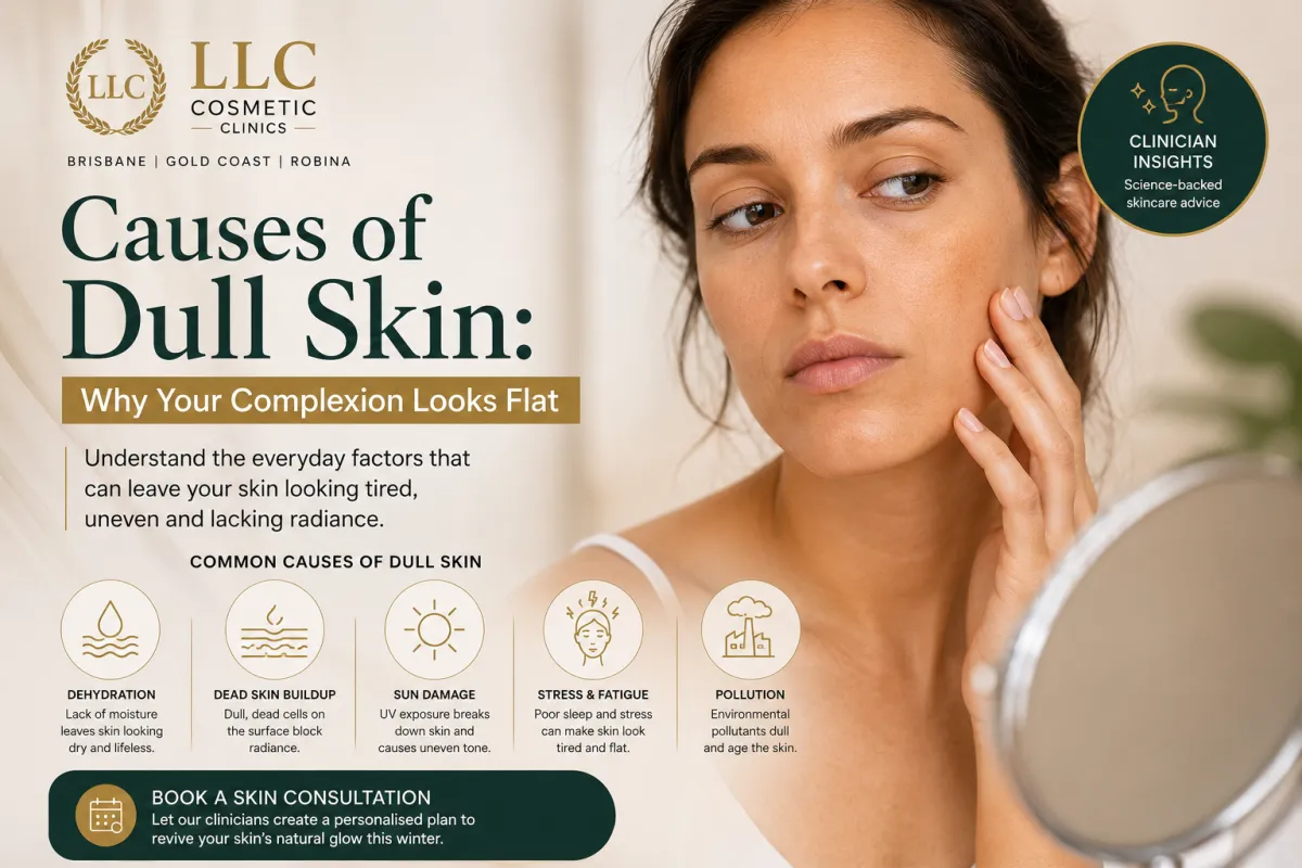 Causes of dull skin explained by LLC Cosmetic Clinics, including dehydration, dead skin buildup, sun damage, stress, fatigue and pollution that can make the complexion look flat and tired.