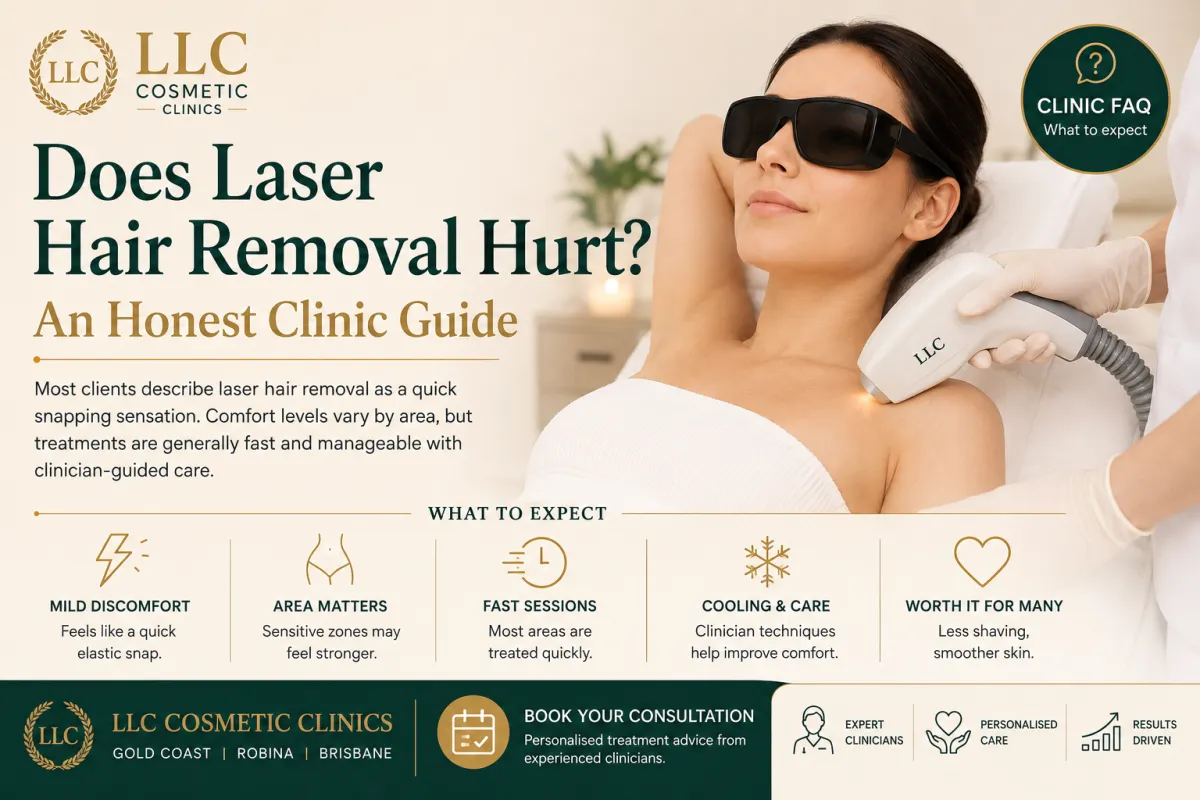 LLC Cosmetic Clinics blog thumbnail about laser hair removal pain, showing a woman receiving underarm laser treatment with a guide on what to expect during the procedure.