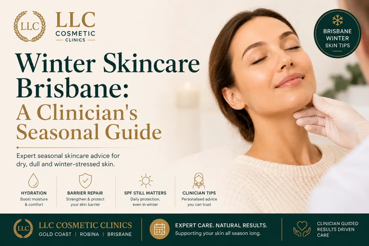 Winter skincare Brisbane guide by LLC Cosmetic Clinics featuring clinician-led advice for dry skin, hydration, skin barrier repair and SPF during winter.