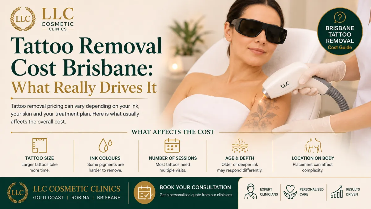 LLC Cosmetic Clinics blog thumbnail about tattoo removal cost in Brisbane, showing a woman receiving laser tattoo removal treatment with key factors that affect pricing, including tattoo size, ink colours, number of sessions, age and depth, and body location.