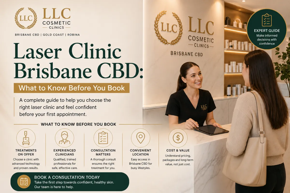 Laser Clinic Brisbane CBD booking guide by LLC Cosmetic Clinics, showing a client speaking with a clinician and key factors to consider before booking a cosmetic laser treatment.