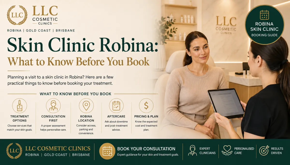 Skin Clinic Robina booking guide by LLC Cosmetic Clinics, showing a client consultation with a clinician and key factors to consider before booking a skin treatment in Robina.