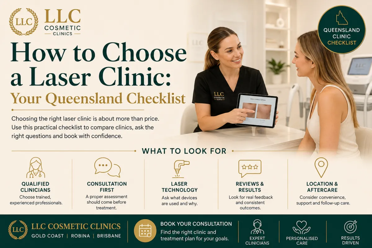 How to choose a laser clinic in Queensland by LLC Cosmetic Clinics, featuring a clinician consultation and a practical checklist for comparing laser clinics before booking.
