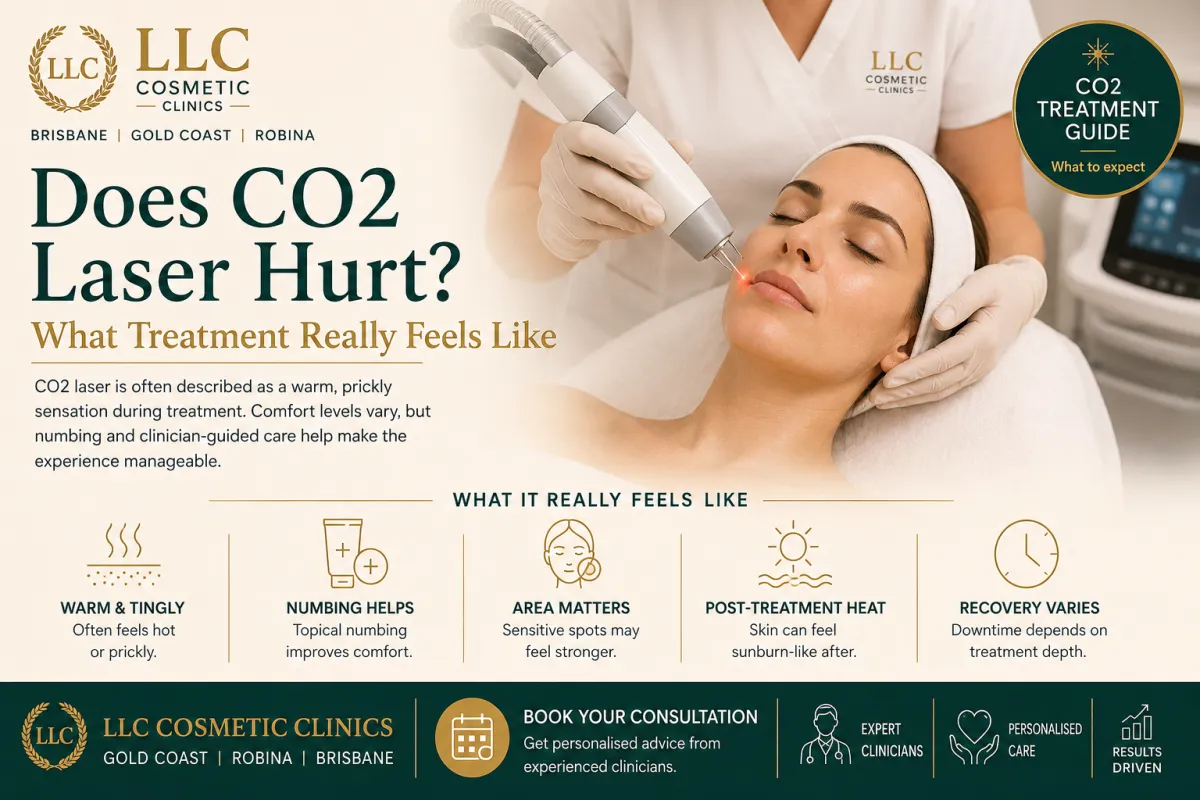 Does CO2 laser hurt guide by LLC Cosmetic Clinics, showing a woman receiving CO2 laser treatment with key insights on what the treatment feels like, comfort levels and recovery.