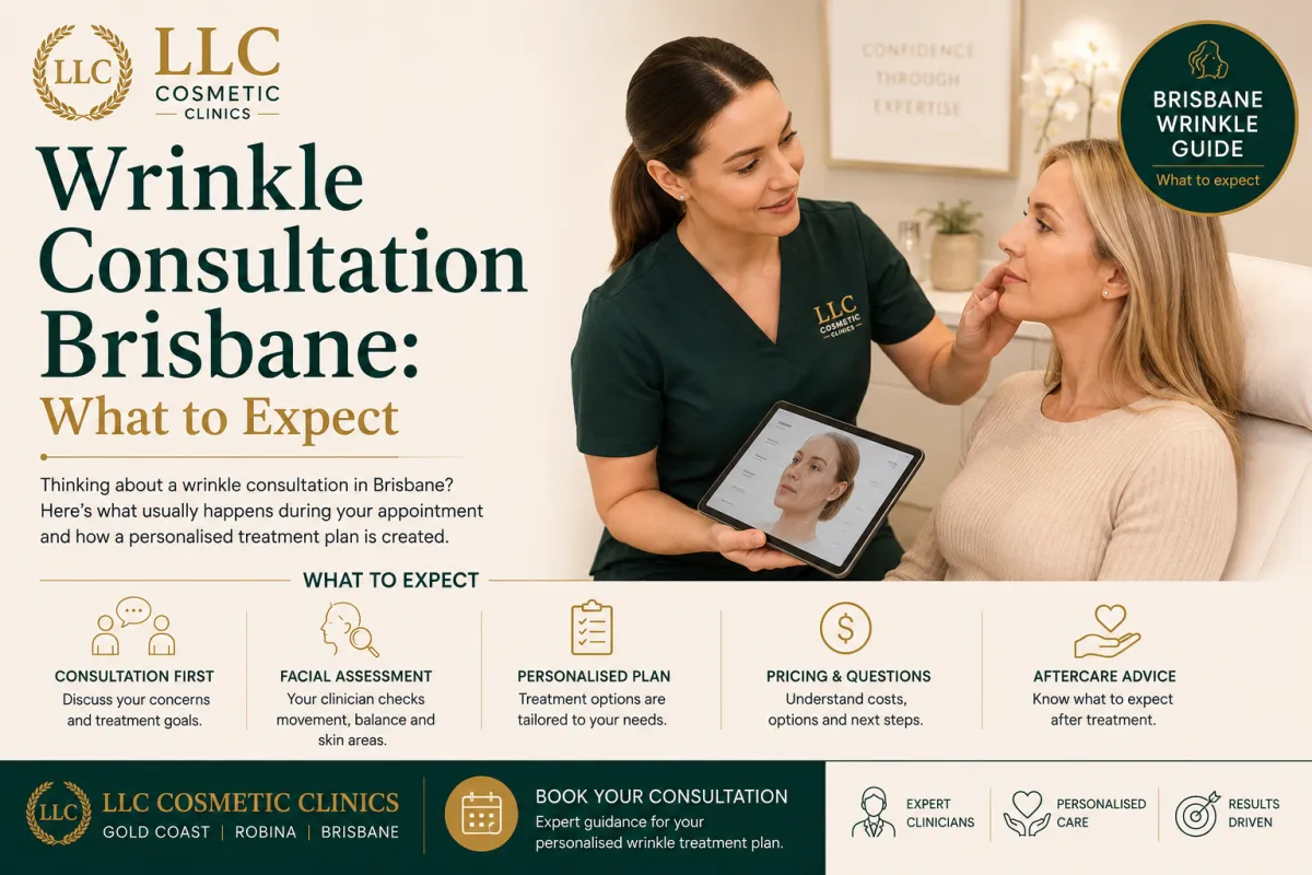 Wrinkle consultation Brisbane guide by LLC Cosmetic Clinics, showing a clinician assessing a client’s facial concerns and explaining personalised treatment options, pricing and aftercare.