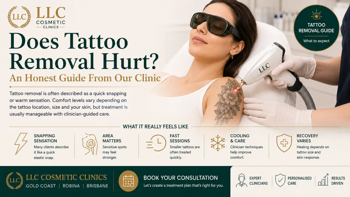 Does tattoo removal hurt guide by LLC Cosmetic Clinics, showing a woman receiving laser tattoo removal on her upper arm with an overview of what treatment feels like, including snapping sensation, comfort, recovery and clinician-guided care.