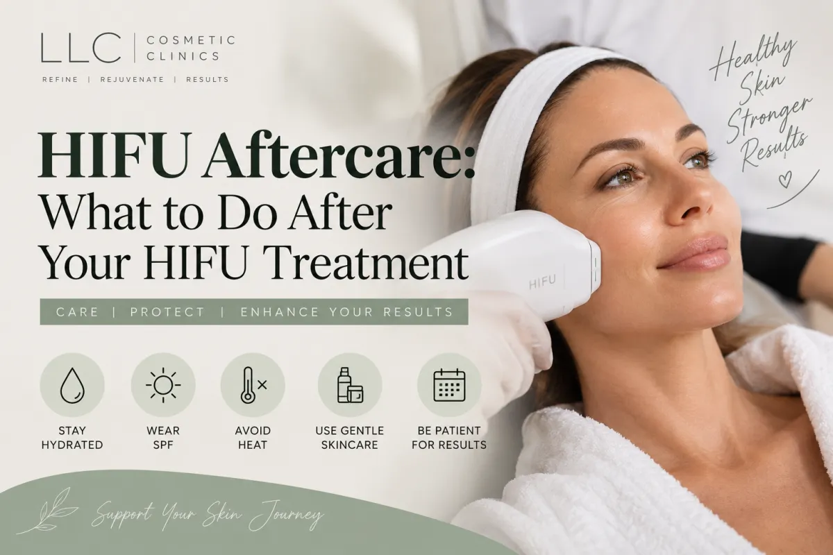 HIFU aftercare guide by LLC Cosmetic Clinics, showing a woman receiving HIFU treatment with aftercare tips including hydration, SPF, avoiding heat, gentle skincare and allowing time for results.