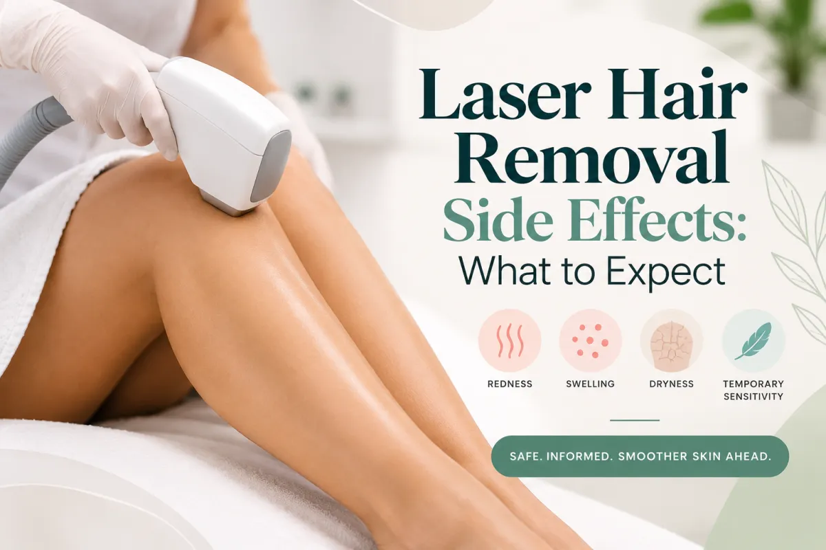 Laser Hair Removal Side Effects blog thumbnail featuring smooth legs, side effect icons, and LLC Cosmetic Laser Clinics branding.