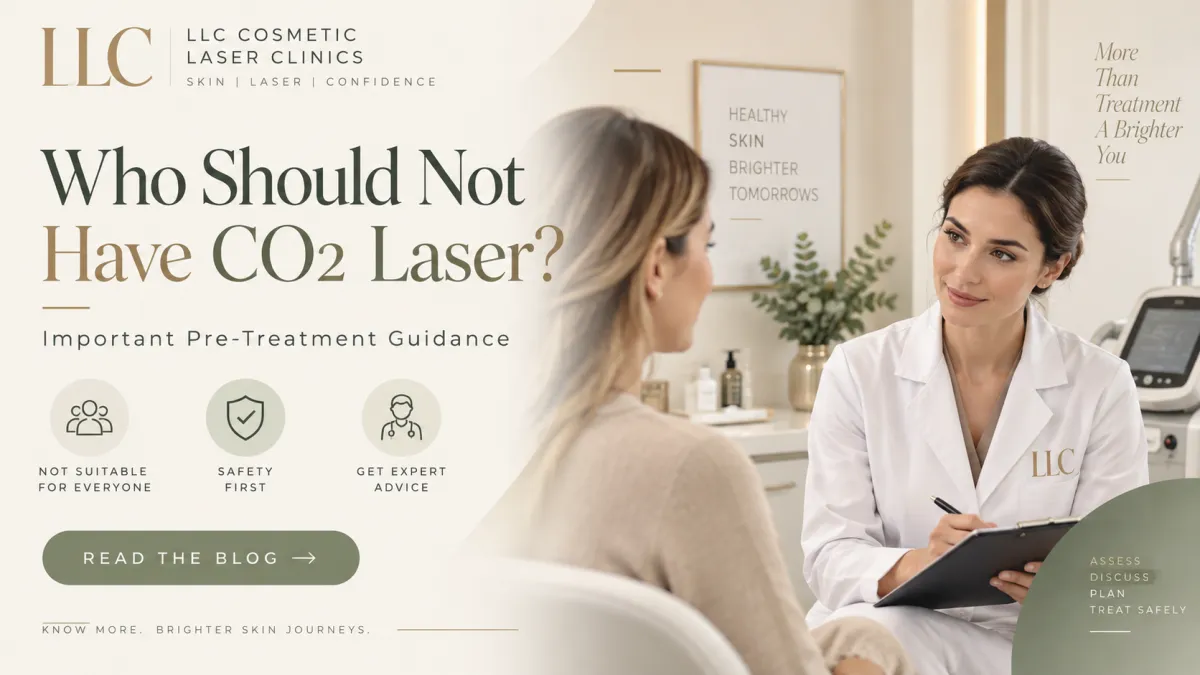 showing a clinic consultation between a practitioner and patient with LLC Cosmetic Laser Clinics branding.