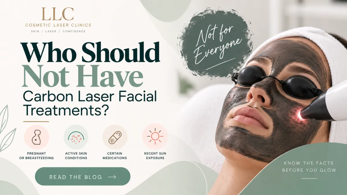 Carbon Laser Facial blog thumbnail showing a patient wearing protective goggles with a carbon mask during treatment, alongside safety considerations and LLC Cosmetic Laser Clinics branding.