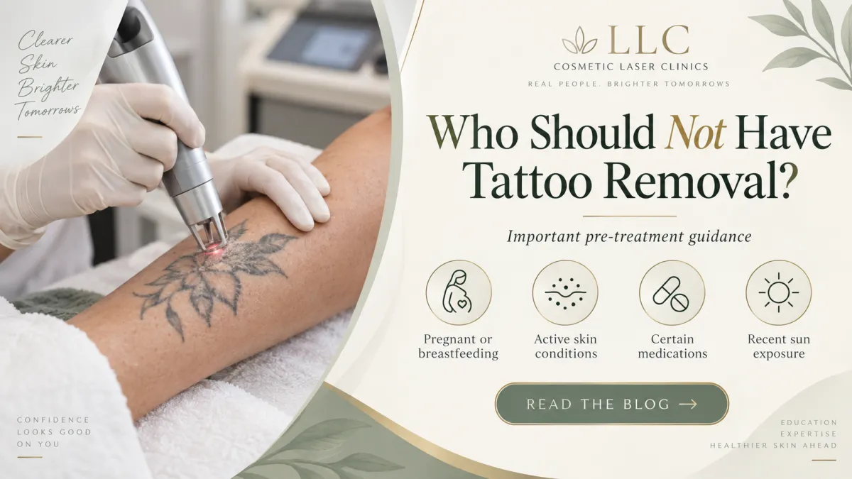 Tattoo removal blog thumbnail showing laser treatment on a tattooed arm with safety considerations and LLC Cosmetic Laser Clinics branding.