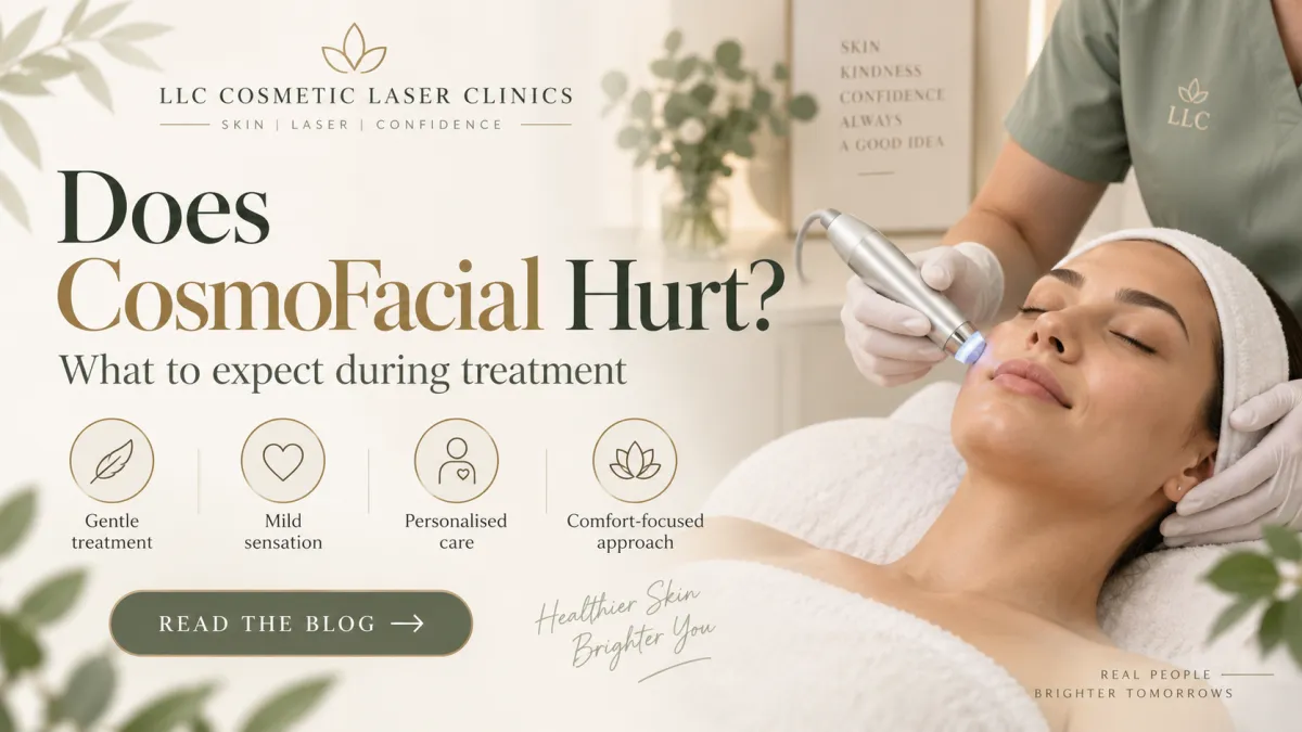 CosmoFacial blog thumbnail featuring the treatment device with key comfort benefits and LLC Cosmetic Laser Clinics branding.