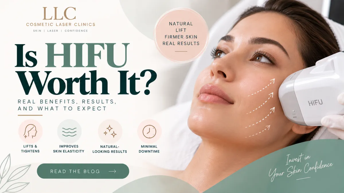 HIFU blog thumbnail showing a woman receiving HIFU treatment with lifting and skin-firming benefit icons and LLC Cosmetic Laser Clinics branding.
