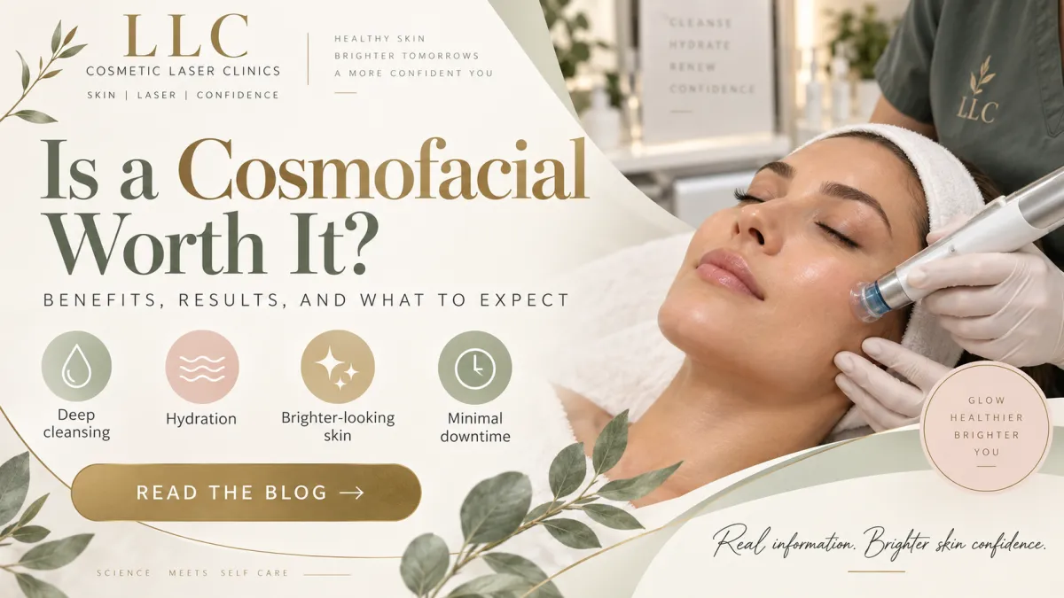 CosmoFacial blog thumbnail showing a woman receiving treatment with benefit icons for deep cleansing, hydration, brighter-looking skin, and minimal downtime, with LLC Cosmetic Laser Clinics branding.