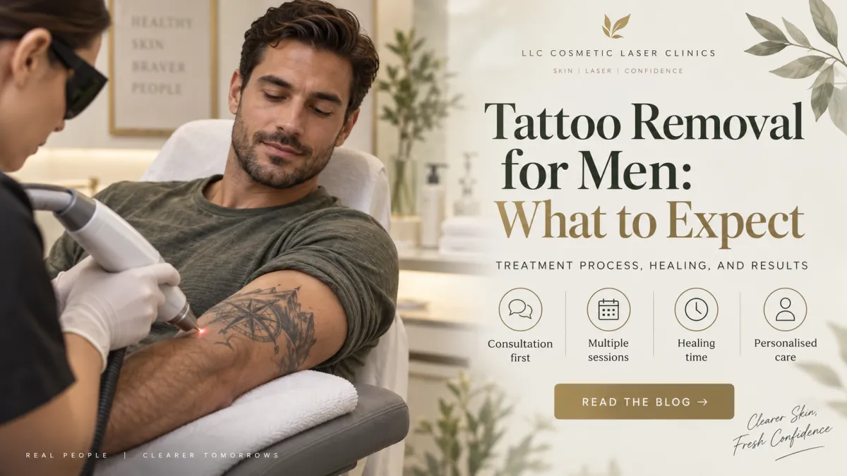Tattoo removal for men blog thumbnail showing a man receiving laser tattoo removal on his arm, with treatment process icons and LLC Cosmetic Laser Clinics branding.