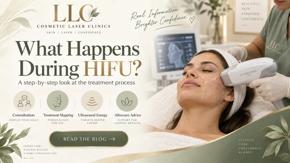 HIFU blog thumbnail showing a close-up of the jaw and neck during treatment, with step-by-step benefit icons and LLC Cosmetic Laser Clinics branding.