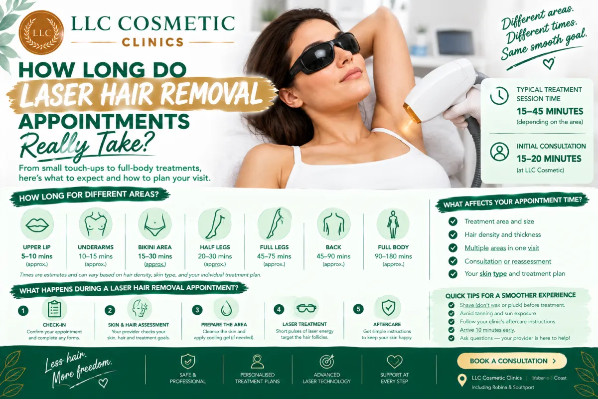 How long laser hair removal appointments take by treatment area