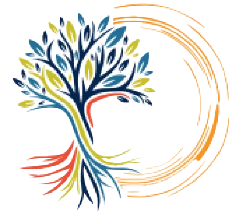 Small circular watercolor illustration of a tree with colored abstract shapes for leaves