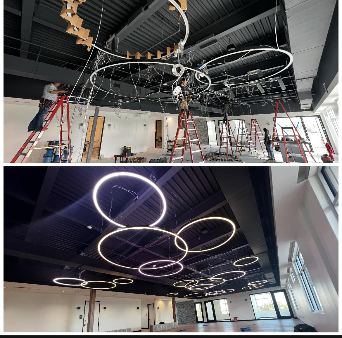 Electricians installing circular LED ring lights in commercial building ceiling, Austin TX