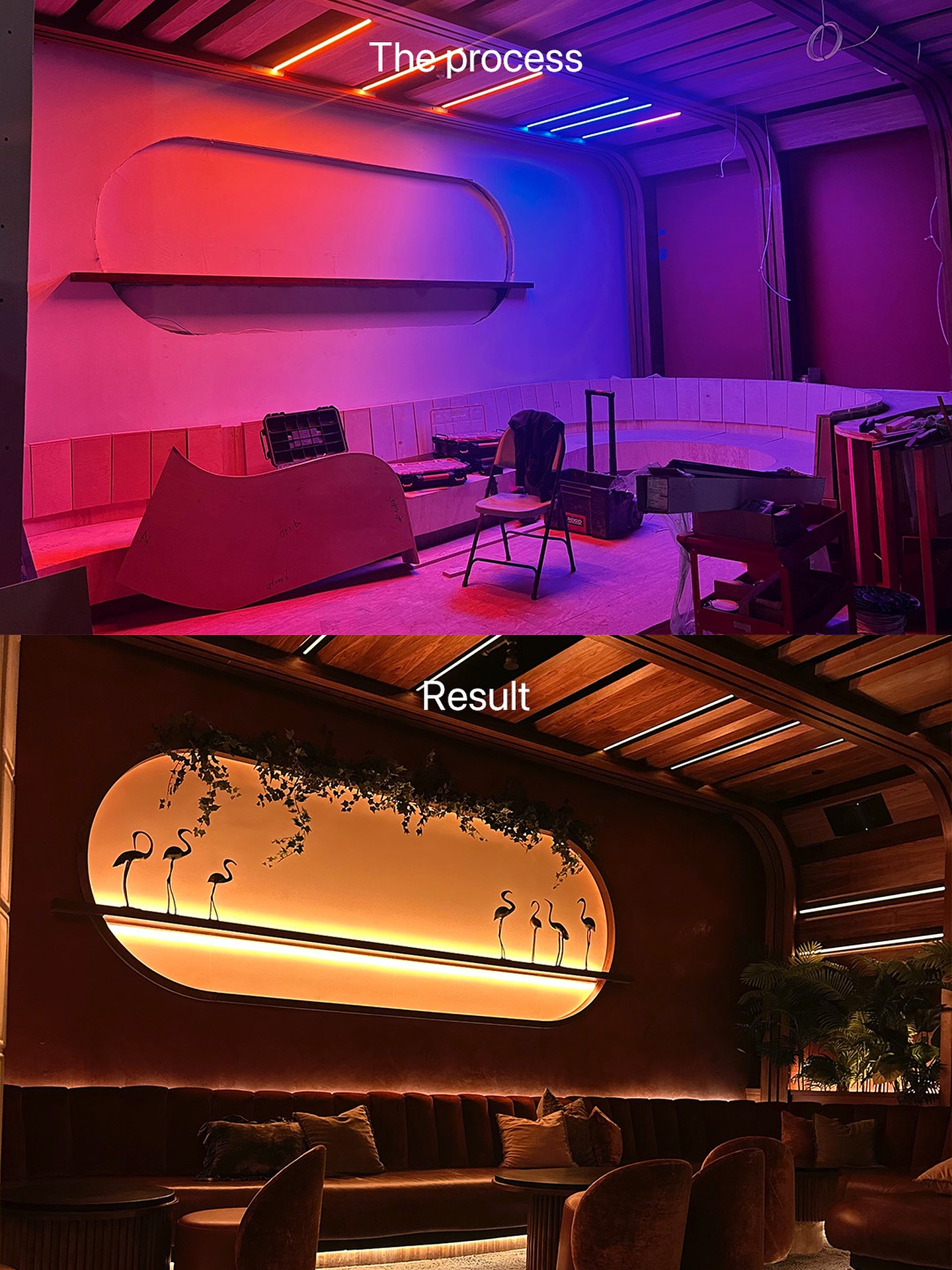 Before and after LED lighting installation in commercial lounge space, Central Texas