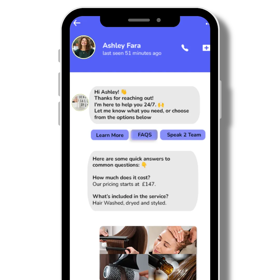 Chatbot providing automated customer support in a ManyChat interface.