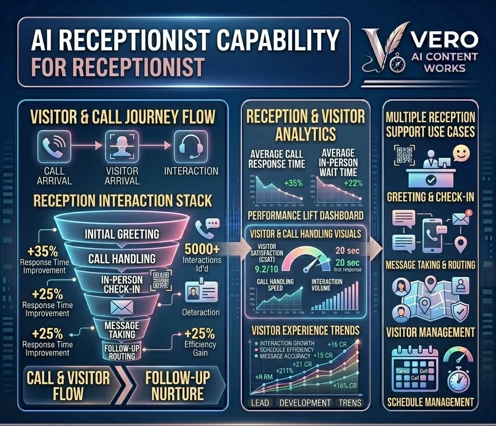 AI receptionist capability dashboard showing visitor and call journey flow, reception interaction stack, performance lift analytics, and multiple support use cases including greeting, check-in, message taking, and schedule management | VeroAI Works VeroAI Works AI Receptionist handles every call, visitor, and follow-up automatically — with 35% faster response times, 5000+ interactions managed, and seamless schedule management for your front desk.