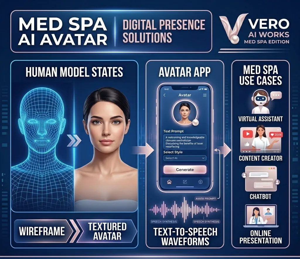 Med spa AI avatar digital presence solutions showing wireframe to textured avatar transformation, text-to-speech waveforms, and virtual assistant use cases | VeroAI Works From wireframe to lifelike AI avatar — VeroAI Works delivers done-for-you digital presence solutions for med spas including virtual assistants, content creators, chatbots, and online presentations.
