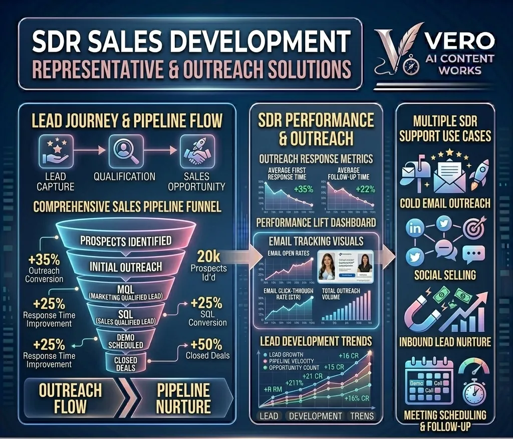 SDR sales development representative and outreach solutions dashboard showing lead journey pipeline flow, comprehensive sales funnel, email tracking visuals, outreach performance metrics, and support use cases including cold email outreach, social selling, and inbound lead nurture | VeroAI Works VeroAI Works SDR Outreach Solutions identify 20k+ prospects, qualify leads automatically, and close more deals — with 35% outreach conversion improvement and 50% more closed deals through AI-powered sales pipeline automation.VeroAI Works SDR Outreach Solutions identify 20k+ prospects, qualify leads automatically, and close more deals — with 35% outreach conversion improvement and 50% more closed deals through AI-powered sales pipeline automation.