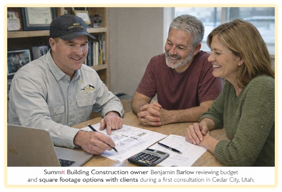 Summit Building Construction owner Benjamin Barlow reviewing budget and square footage options with clients during a first consultation in Cedar City, Utah.