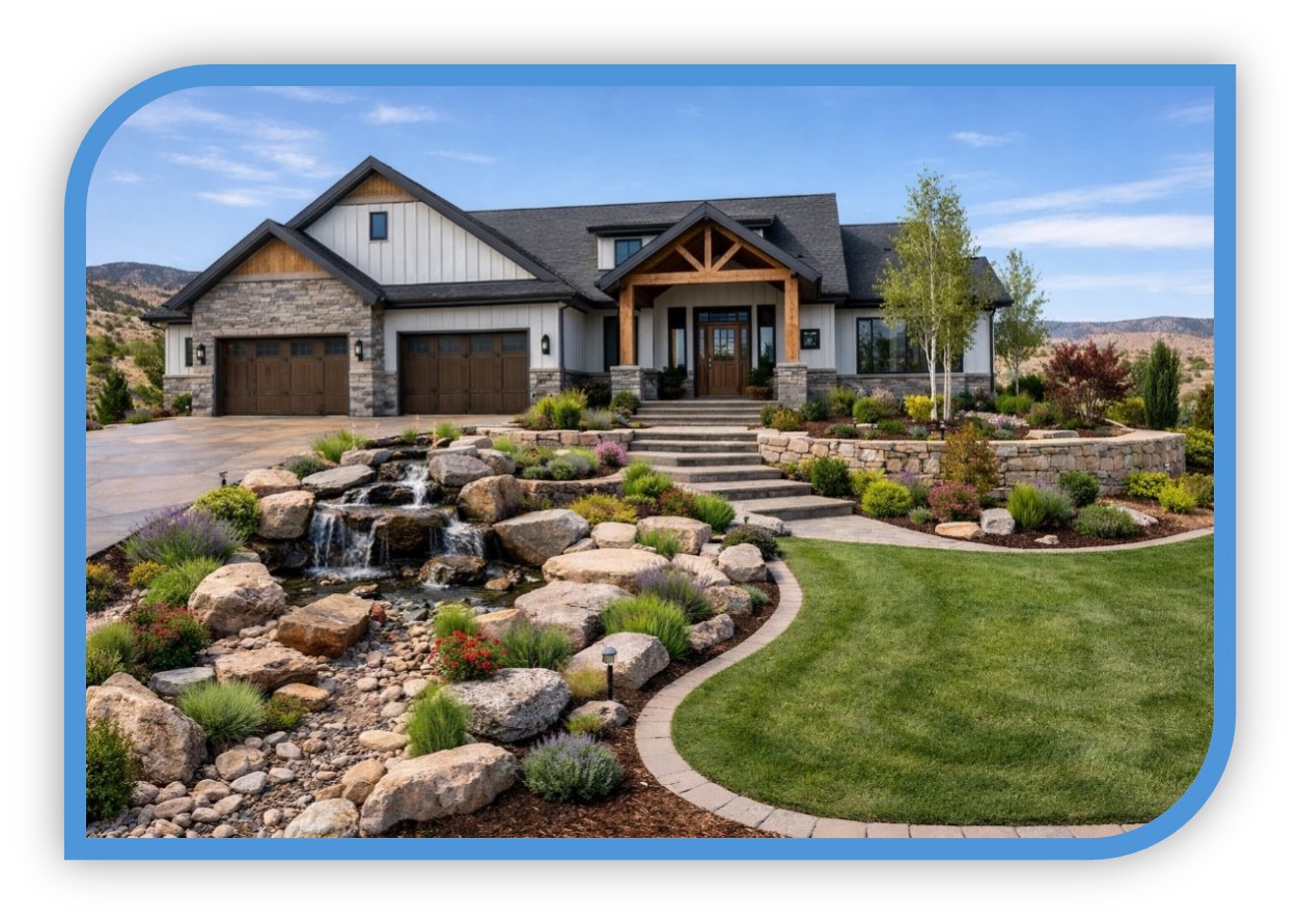 Completed landscaping on a Summit Building Construction home in Cedar City, Southern Utah, showing the scope of exterior work beyond the standard builder allowance.