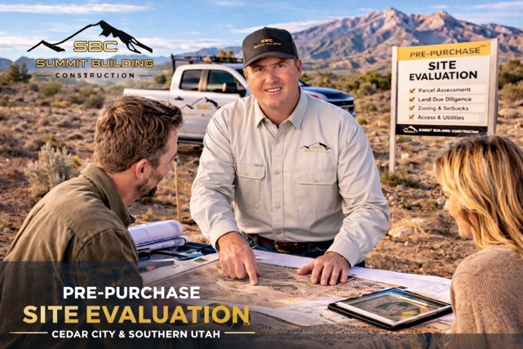 Summit Building Construction owner Benjamin Barlow conducting a pre-purchase parcel evaluation in Cedar City, Southern Utah, reviewing land due diligence with clients.