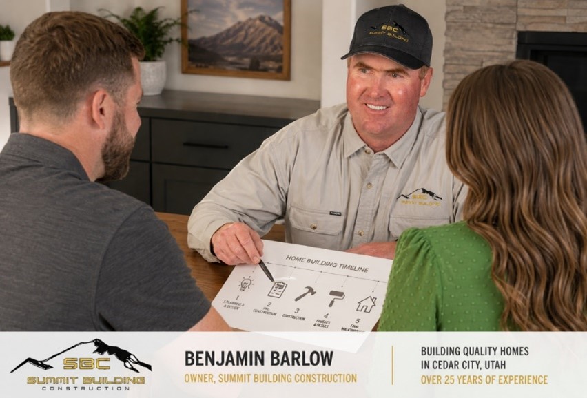 Benjamin Barlow, owner of Summit Building Construction, reviewing a home building timeline with clients in Cedar City, Utah, with over 25 years of experience.