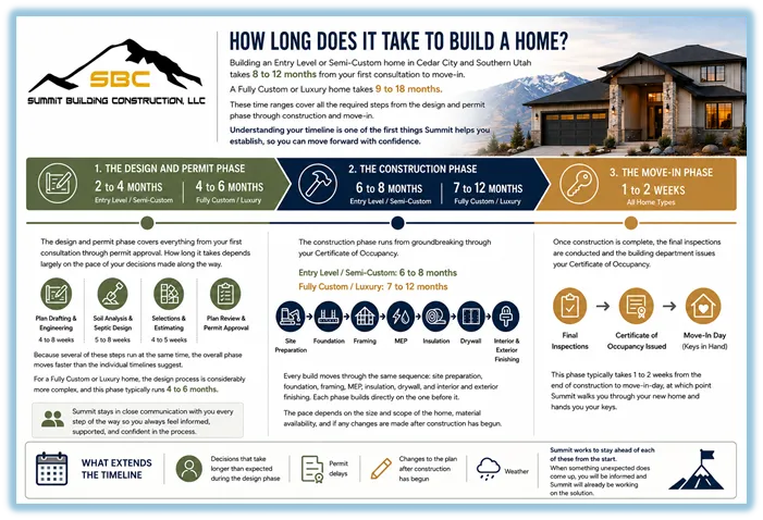 Summit Building Construction project timeline showing design, permitting, and construction phases, Cedar City, Utah. 