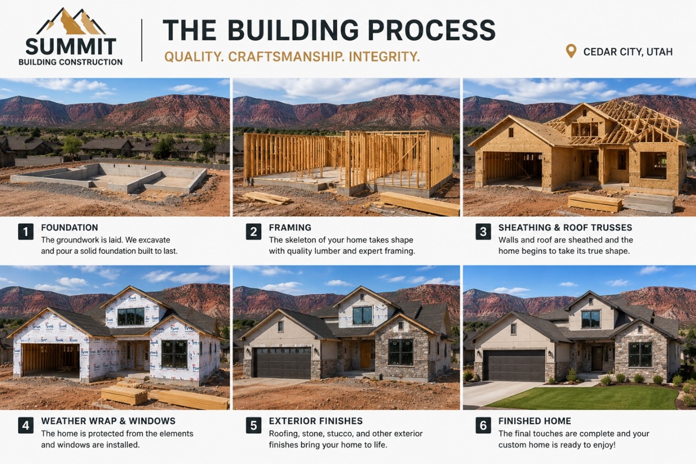 : A custom home under construction by Summit Building Construction in Cedar City, Southern Utah, showing the build progressing through its construction phases.